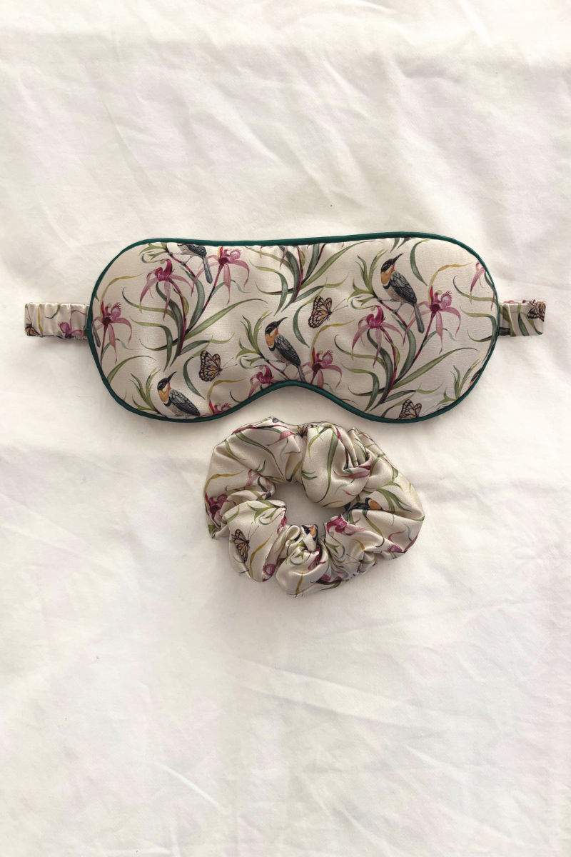 "Eastern Honeyeater and Orchid" Silk Eye Mask and Scrunchie - Cara Cashmere