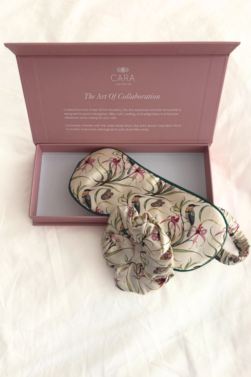 "Eastern Honeyeater and Orchid" Silk Eye Mask and Scrunchie - Cara Cashmere
