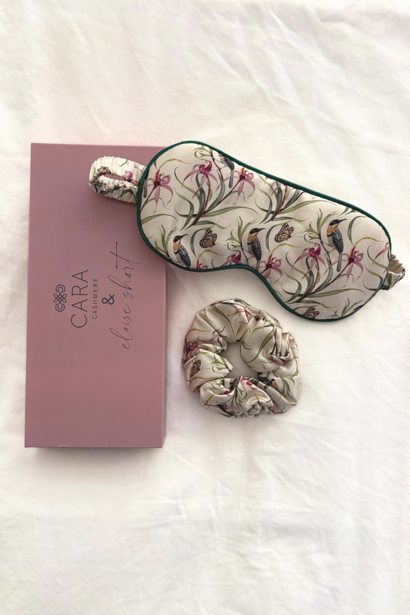 "Eastern Honeyeater and Orchid" Silk Eye Mask and Scrunchie - Cara Cashmere