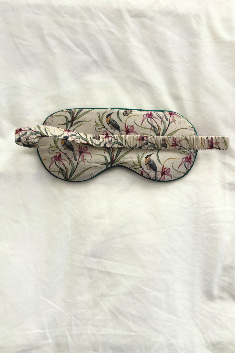 "Eastern Honeyeater and Orchid" Silk Eye Mask and Scrunchie - Cara Cashmere