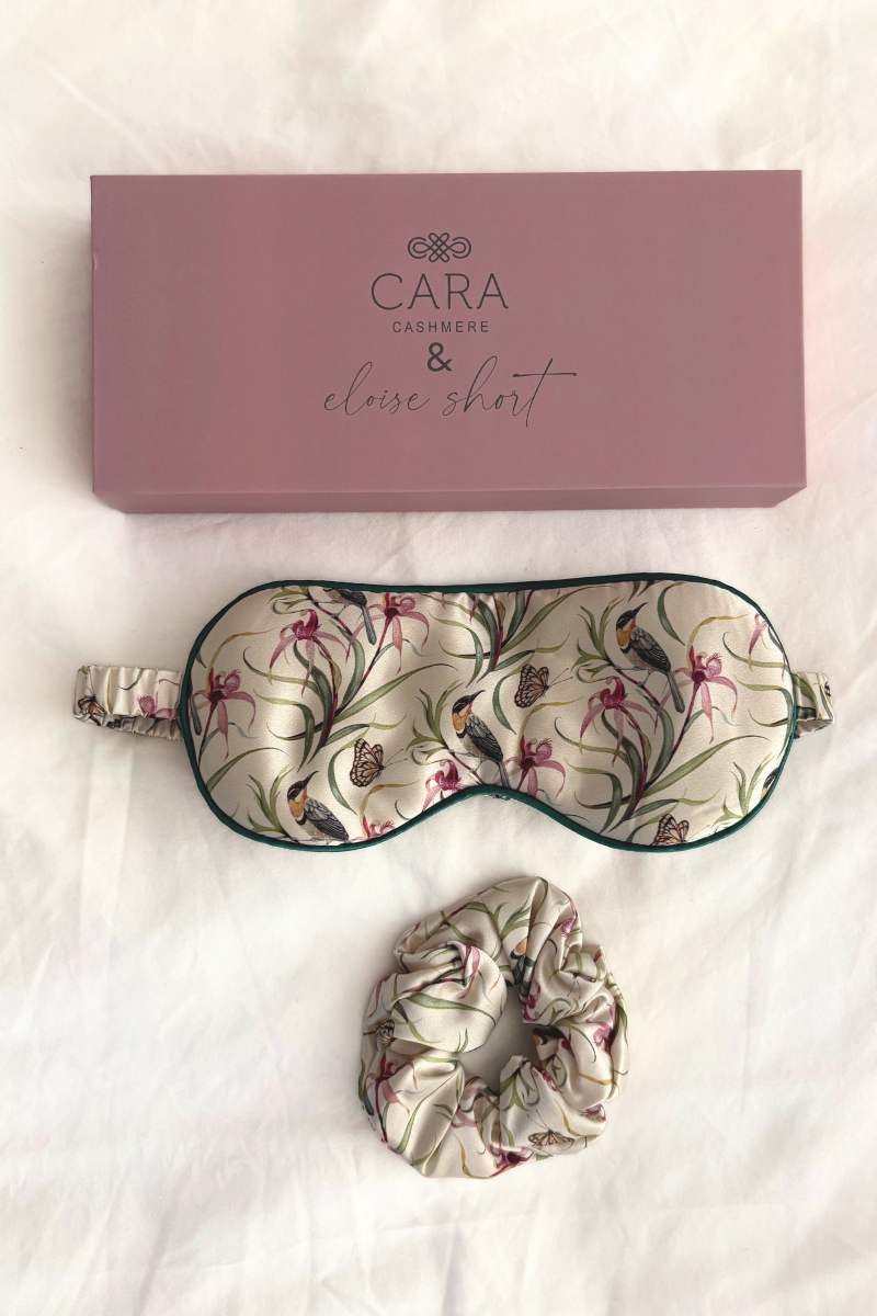 "Eastern Honeyeater and Orchid" Silk Eye Mask and Scrunchie - Cara Cashmere