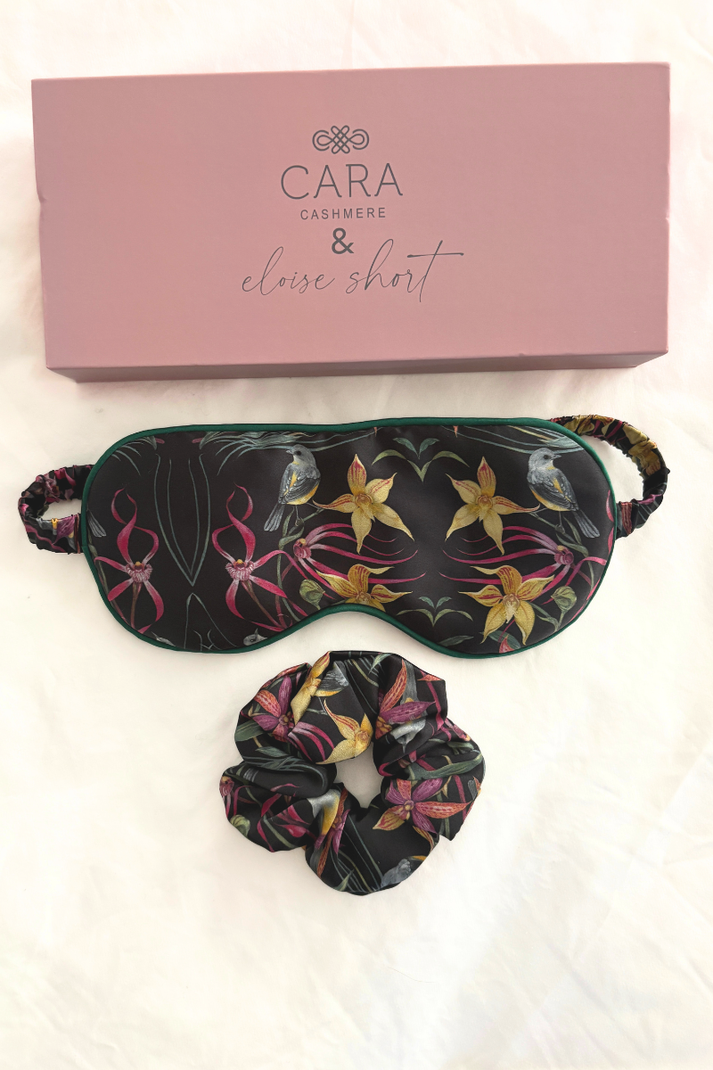 "Eastern Robin and Queen Sheeba Orchid" Silk Eye Mask and Scrunchie - Cara Cashmere