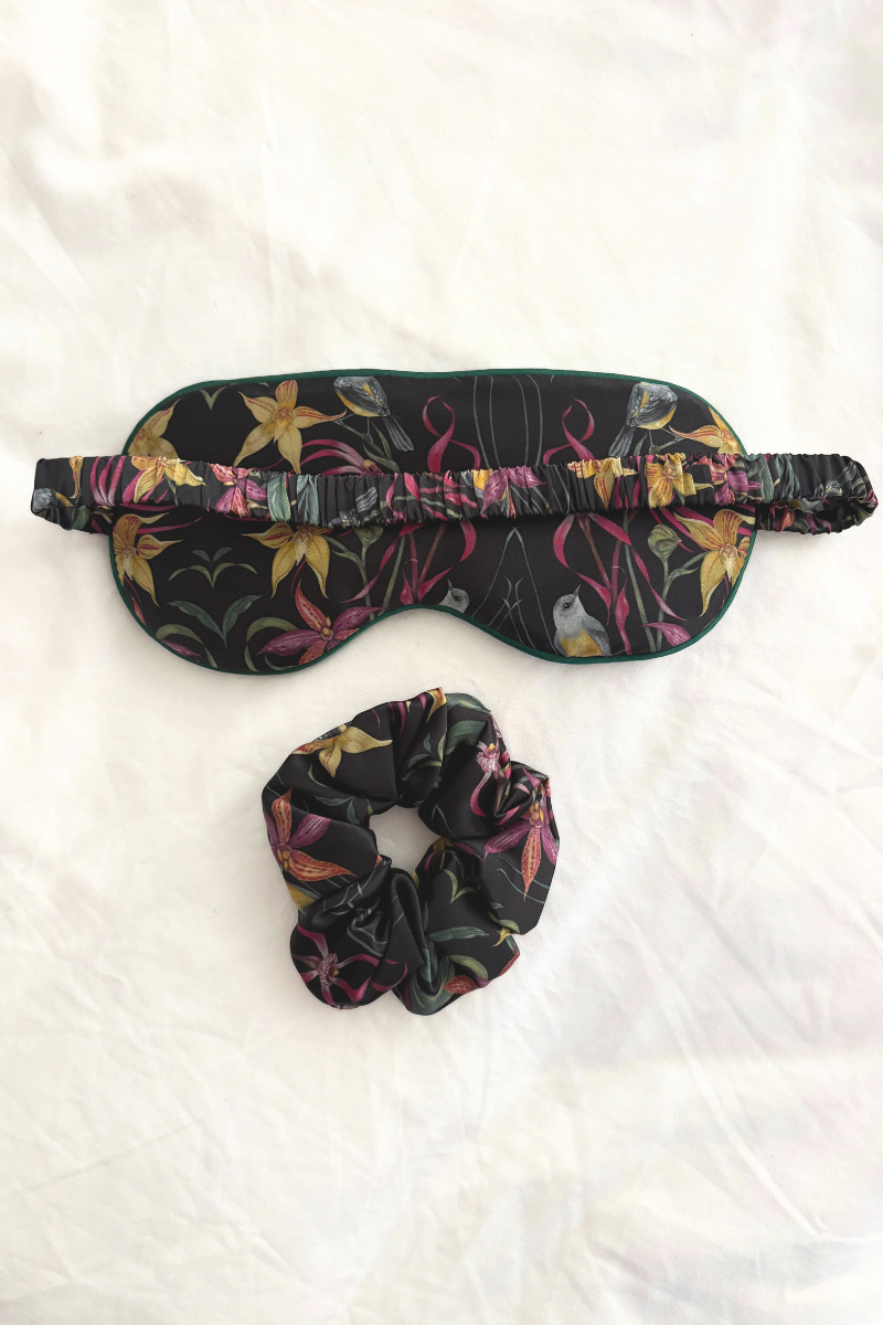 "Eastern Robin and Queen Sheeba Orchid" Silk Eye Mask and Scrunchie - Cara Cashmere