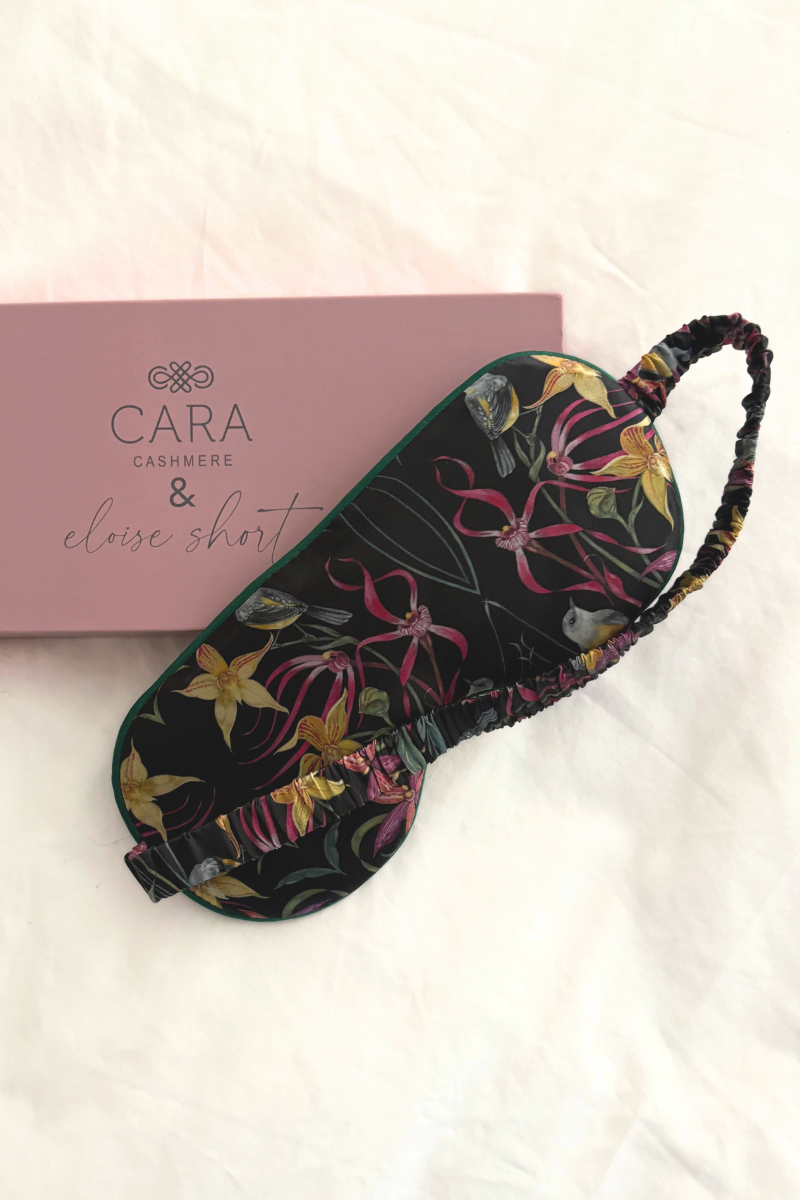 "Eastern Robin and Queen Sheeba Orchid" Silk Eye Mask and Scrunchie - Cara Cashmere