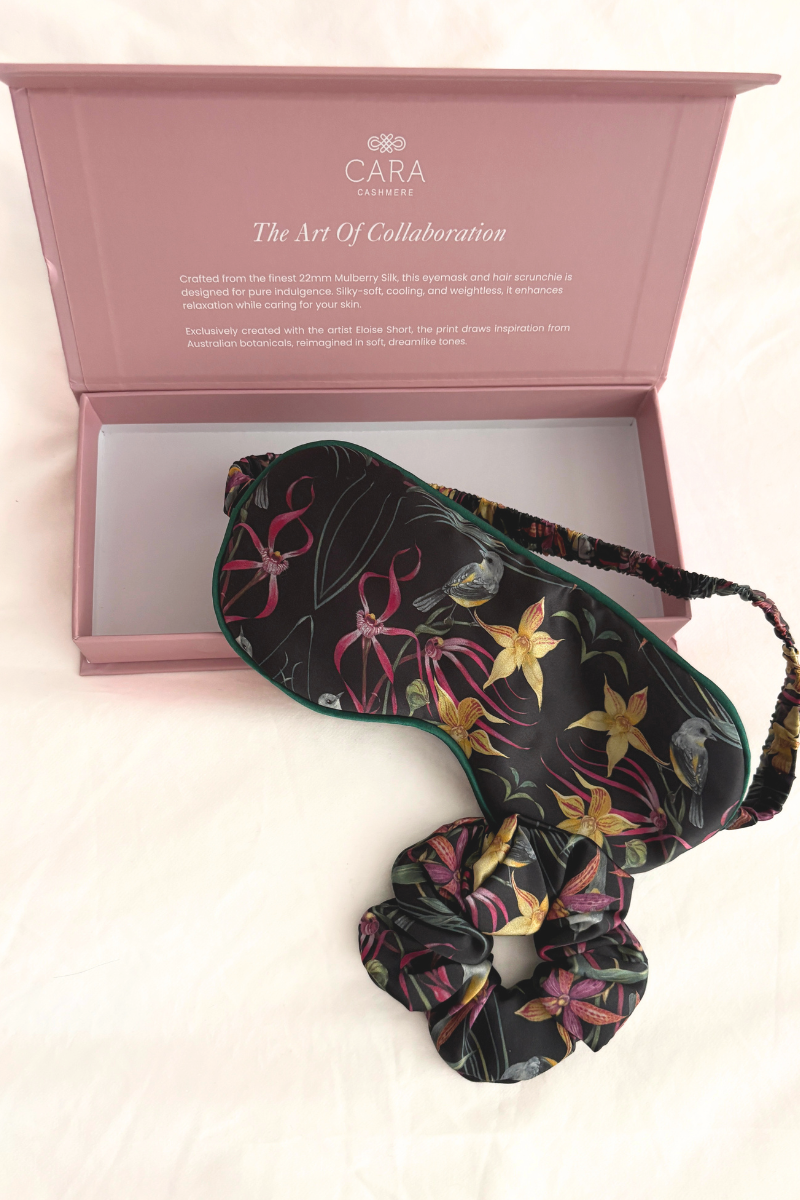 "Eastern Robin and Queen Sheeba Orchid" Silk Eye Mask and Scrunchie - Cara Cashmere