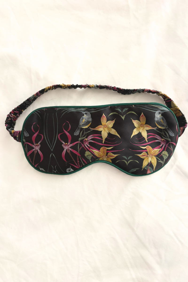 "Eastern Robin and Queen Sheeba Orchid" Silk Eye Mask and Scrunchie - Cara Cashmere