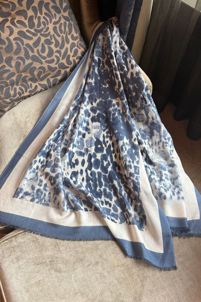 Cashmere Silk Indigo Faded Leopard Scarf - Pre Order
