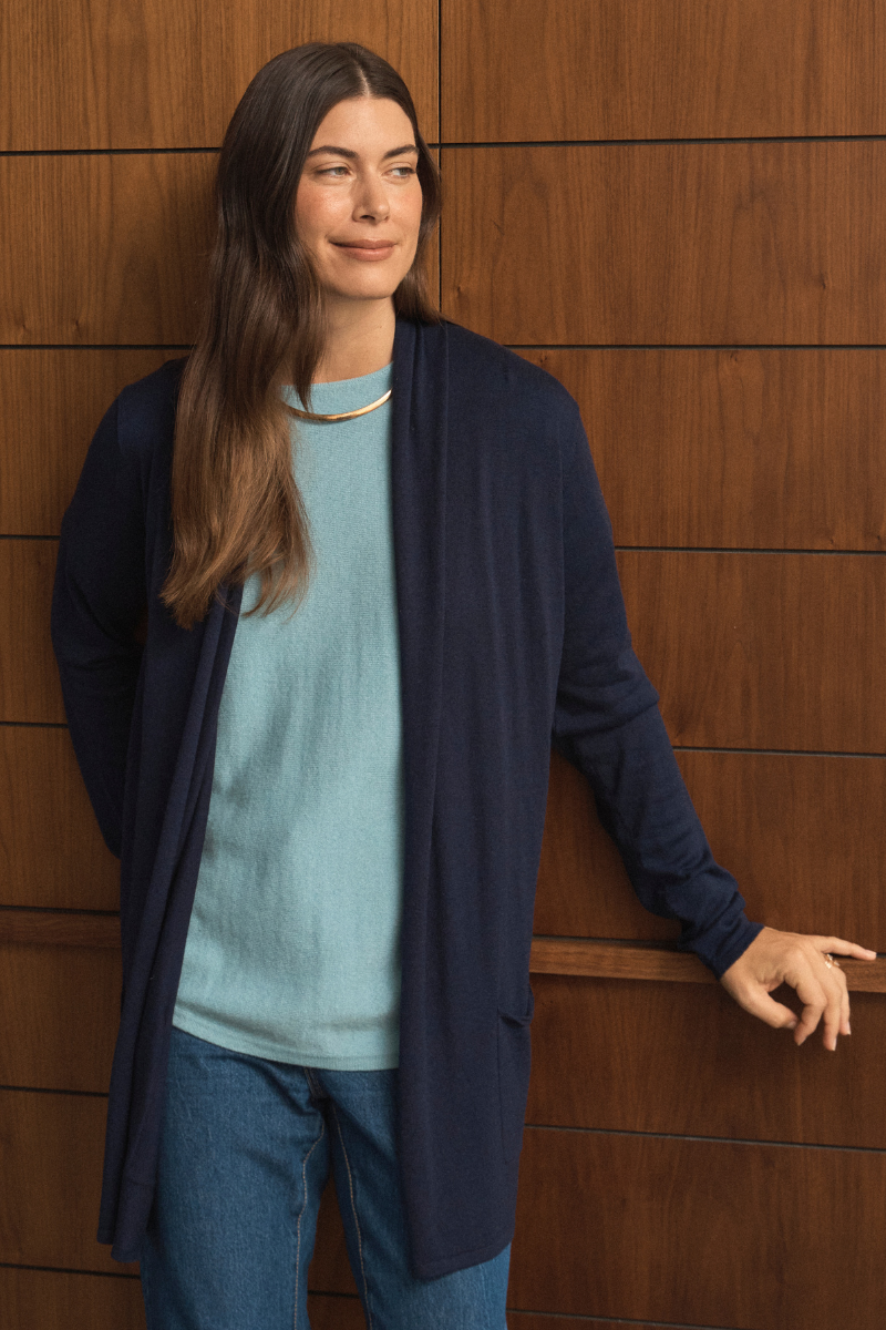 Silk Cashmere Navy Longline Cardigan - Cara Cashmere