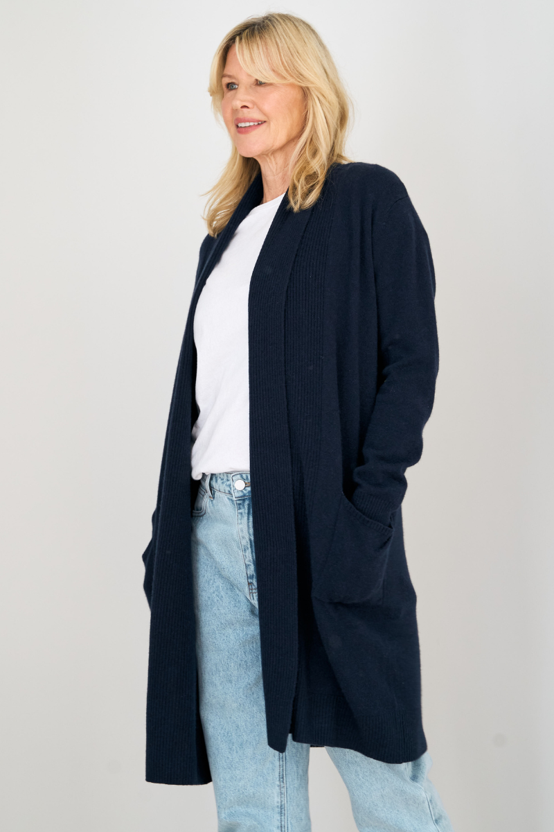 Merino Cashmere Navy Cascade Longline Cardigan