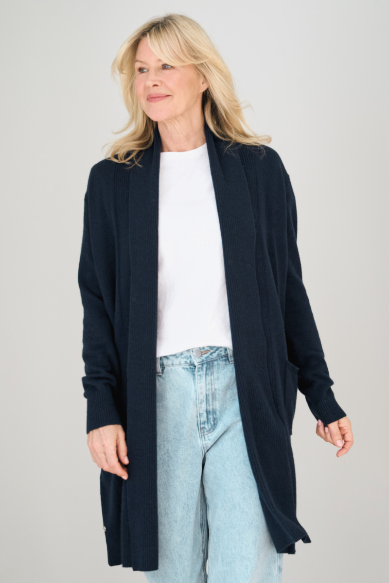 Merino Cashmere Navy Cascade Longline Cardigan