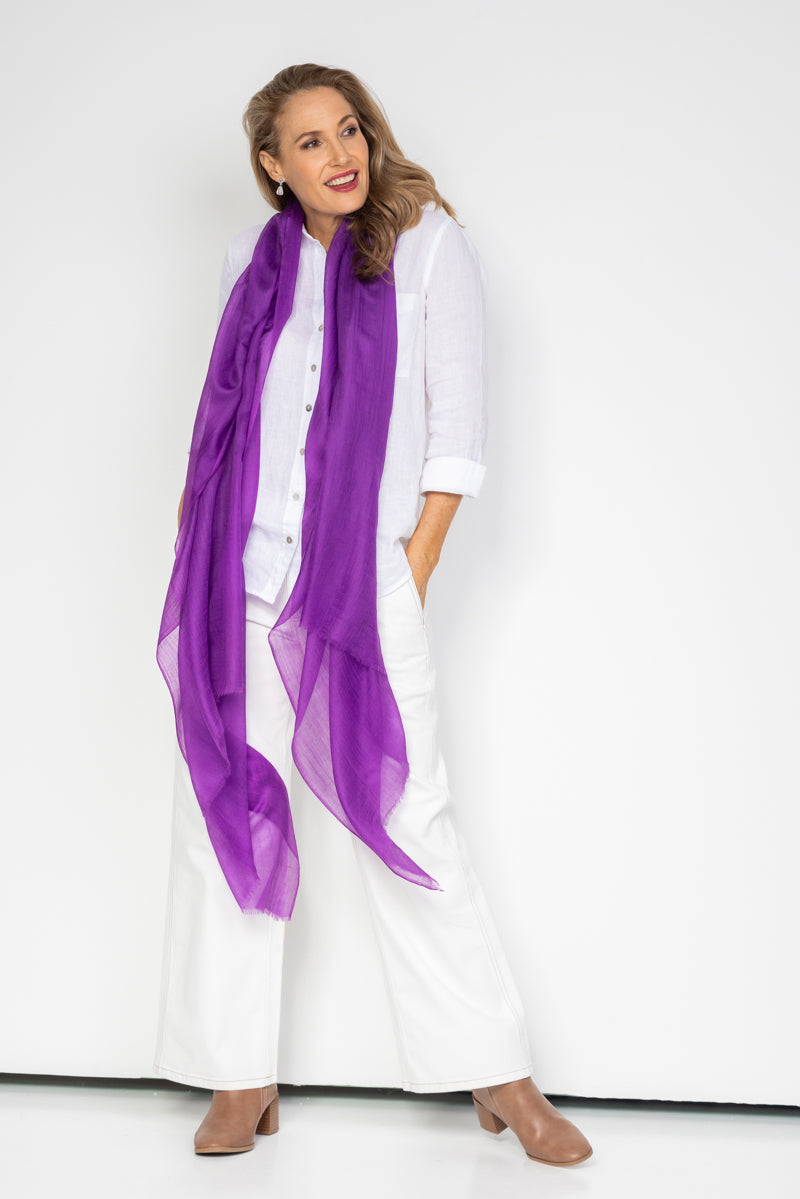 Royal Purple Aura Cashmere Scarf PRE-ORDER with FREE Camellia Brooch - Cara Cashmere