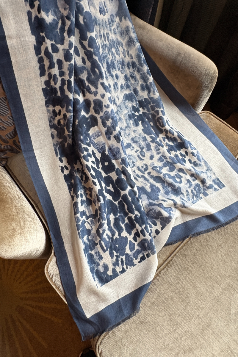 Cashmere Silk Indigo Faded Leopard Scarf - Pre Order