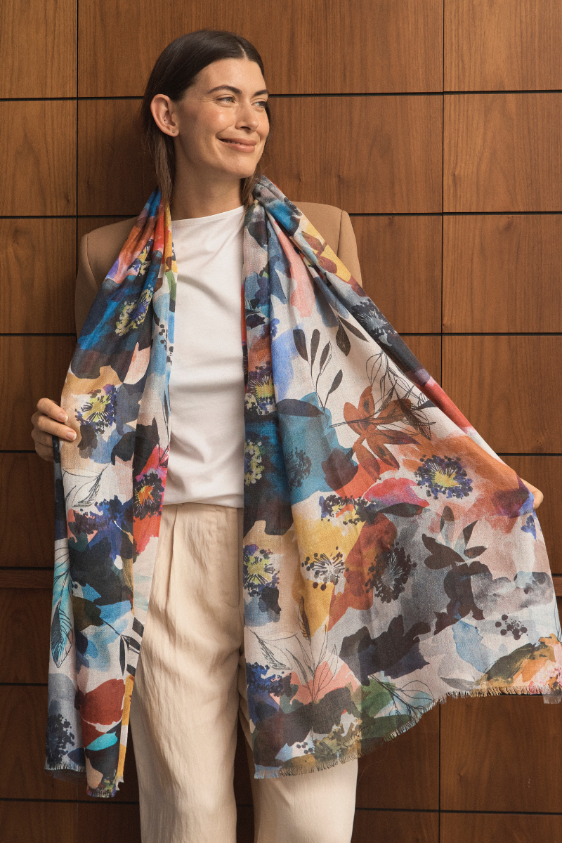   Silk Cashmere Botanical Wildflower Scarf 