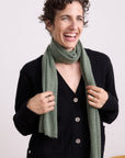 Cashmere Black Allure V Neck Cardigan Knit classic black cashmere V-neck cardigan with button front, ribbed trims and front pockets styled with a soft green scarf