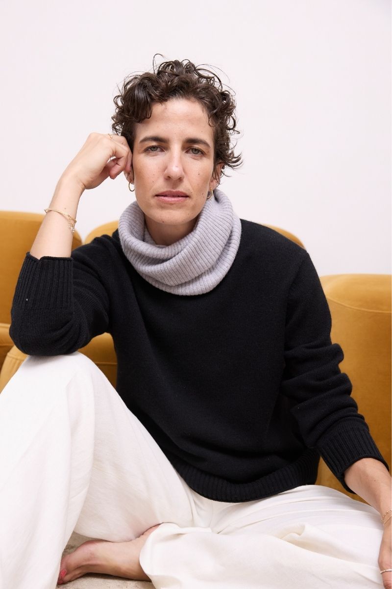 Cashmere Black Serene Crew Sweater soft black cashmere sweater styled with a printed scarf, featuring a timeless crew neckline and elegant minimalist design