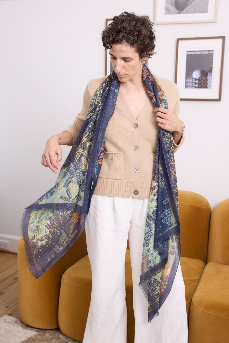 Cashmere Caramel Allure V Neck Cardigan Knit soft caramel cashmere V-neck cardigan with button front and relaxed fit styled with a printed scarf for effortless elegance