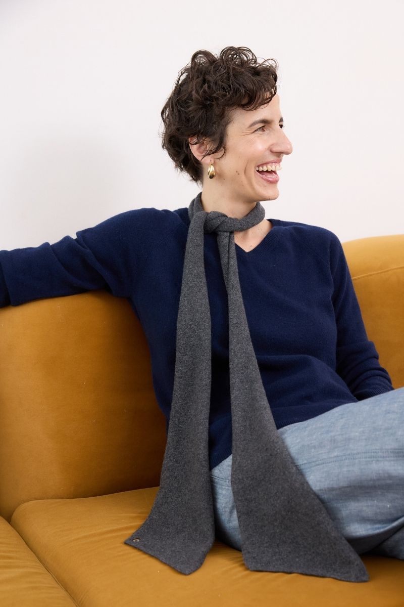 Cashmere Charcoal Skinny Scarf lightweight cashmere scarf in a deep charcoal hue with a refined slim silhouette and effortless drape