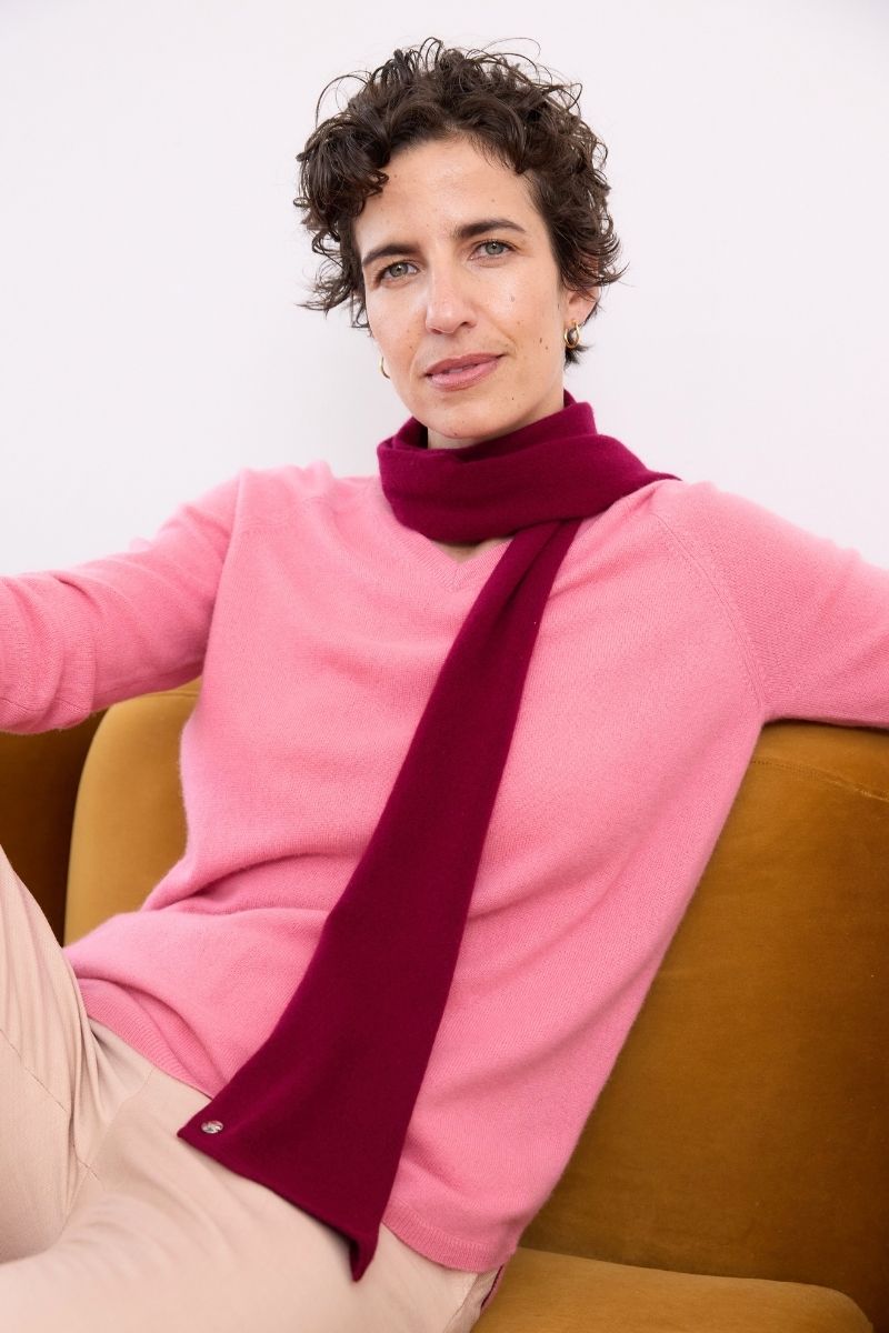 Cashmere Ruby Red Skinny Scarf lightweight 100% cashmere scarf in a rich ruby hue designed for effortless layering and refined styling
