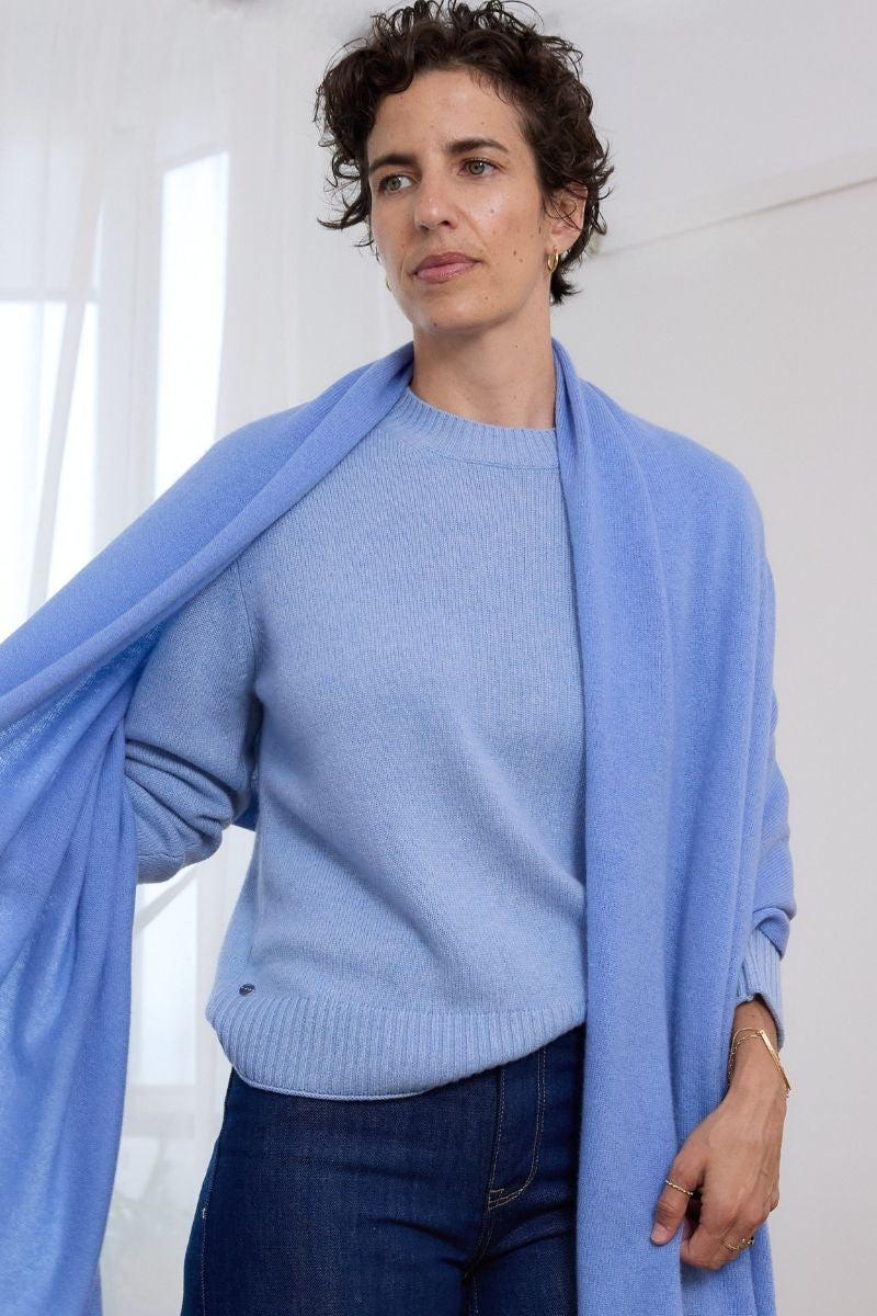 Cashmere Black Serene Crew Sweater soft black cashmere sweater styled with a printed scarf, featuring a timeless crew neckline and elegant minimalist design