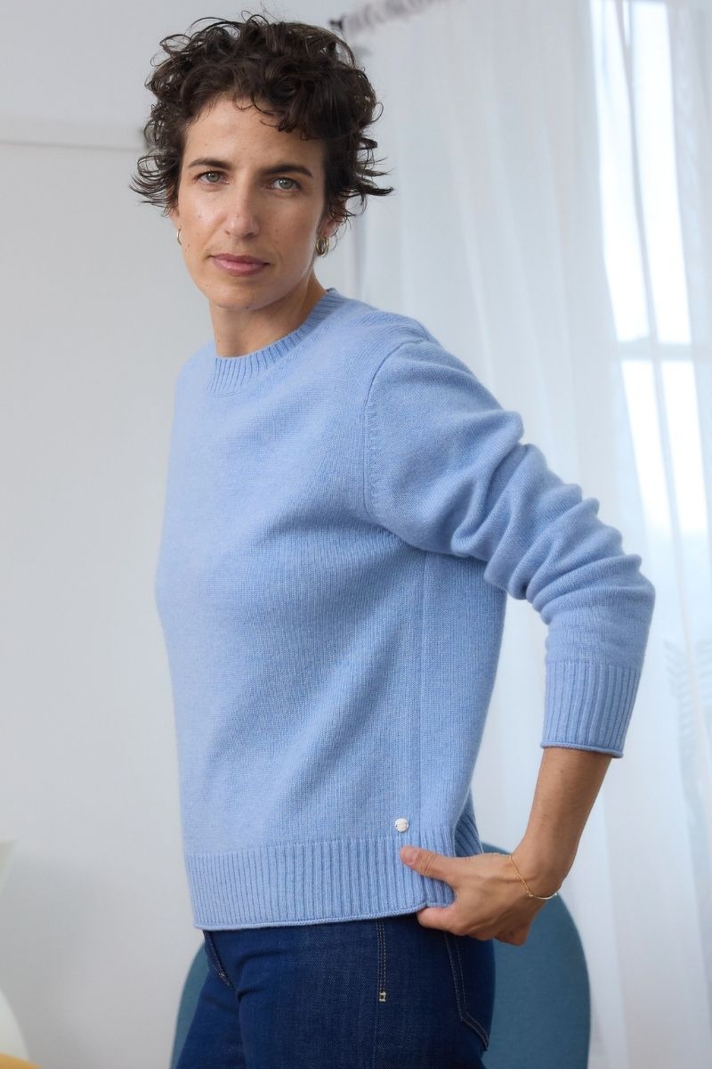 Cashmere Soft Blue Serene Crew Sweater soft blue cashmere crew knit with a relaxed silhouette and ribbed trims for effortless everyday elegance