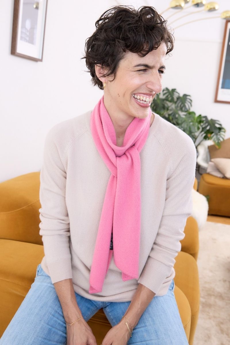 Cashmere Soft Rose Skinny Scarf elegant soft rose cashmere skinny scarf styled with a blush pink knit for effortless everyday sophistication