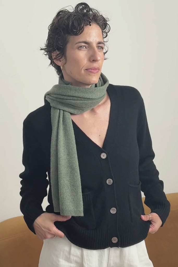 Cashmere Black Allure V Neck Cardigan Knit paired with Olive Scarf