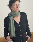 Cashmere Black Allure V Neck Cardigan Knit paired with Olive Scarf